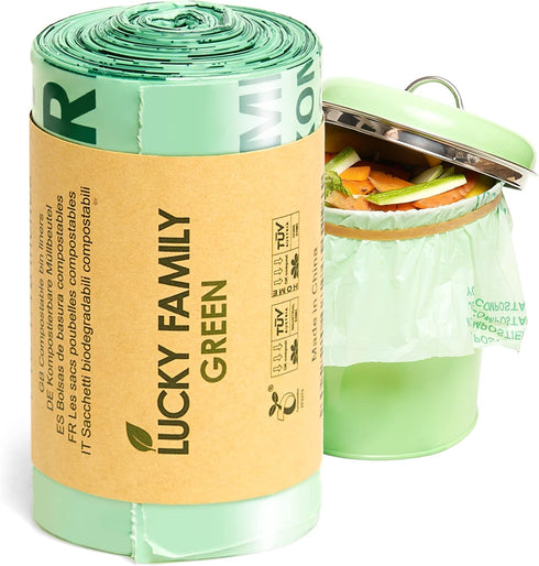 Lucky Family Green Compost Bags - 1.3 to 1.6 Gallon Kitchen Countertop Bin, 100% Compostable Trash Bags