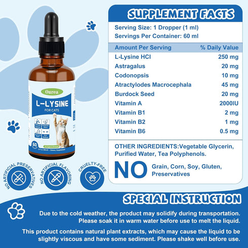 Ourea Immune L-Lysine for Cats, Lysine Supplement for Support System,Respiratory Eye Health, Alleviates Sneezing