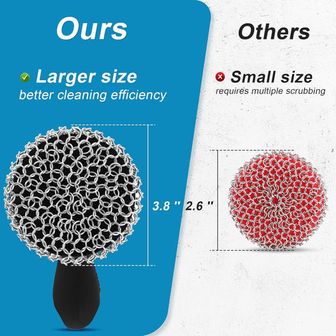 SUBEKYU Cast Iron Scrubber with Silicone Handle - Stainless Steel Chainmail Cleaner for Cast Iron Pans, Black
