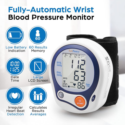 LotFancy Wrist Blood Pressure Monitor, Wrist BP Cuff (5”-8”), 60 Reading Memory, Automatic Digital Blood Pressure Machine, Home BP Gauge for Irregular Heartbeat Detection