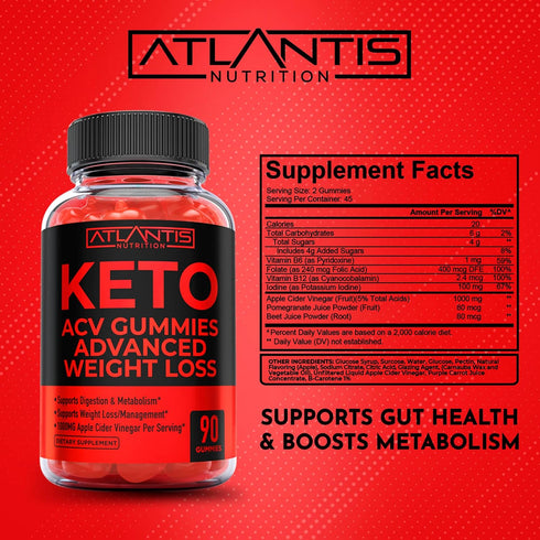 Gummies Gummies 1000MG 90 Count Atlantis Nutrition Keto ACV for Weight Loss - Supports Digestion, Weight Loss, Detox