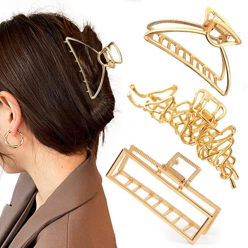 Mehayi 3 PCS Large Gold Metal Hair Claw Clips - Cute Alloy Big Hair Clamps for Thick Thin Hair, Fashion Accessories