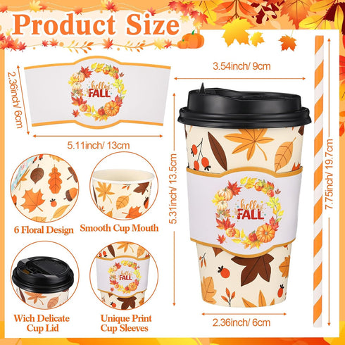 Jingmore 48 Sets 16oz Disposable Paper Coffee Cups with Lids Sleeves Straws Holiday Paper Drinking Cups Bulk for Hot