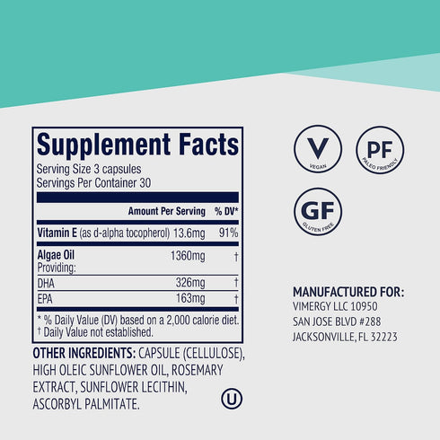 Vimergy Vegan EPA/DHA, 30 Servings, Algal Omega 3 Fatty Acids, Plant Based Fish Oil Alternative