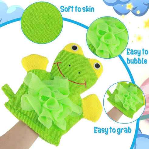 2 Pcs Bath Mitt Washcloths Gloves, Cute Cartoon Exfoliating Glove Body Scrubber for Kids Shower (Blue Bear, Green Frog)