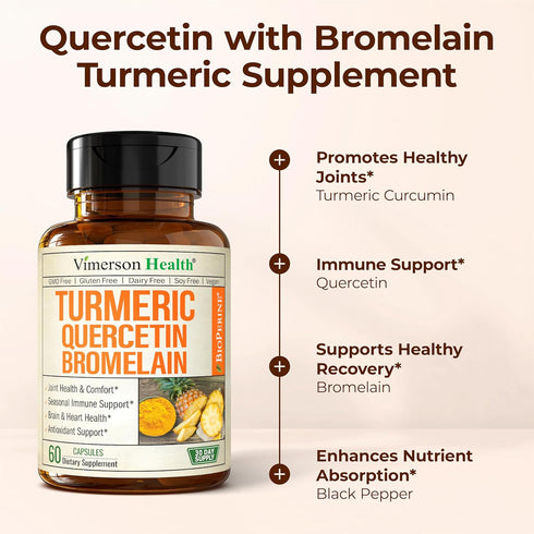 Immune 60 500mg Quercetin with Bromelain Turmeric Curcumin Supplement Allergy Relief, & Joint Support Organic Turmeric