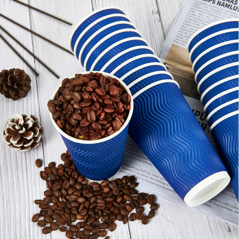 JollyPack 120 Pack 16 oz Paper Coffee Cups, Blue Disposable Beverage Cups with Insulated Ripple Wall for Coffee, Tea