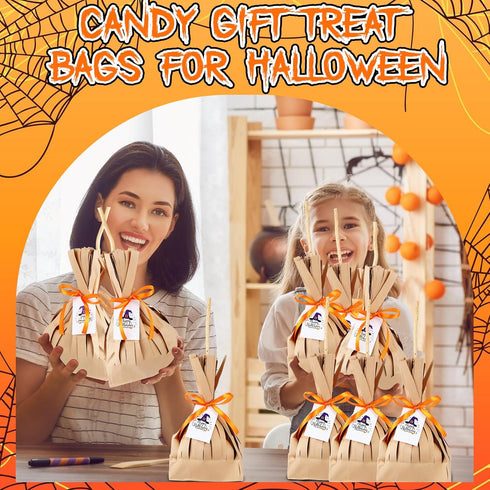 Watersay 24 Set Halloween Treats Bags, DIY Witch Broom Bag with Orange Ribbon for Halloween Party Decorations