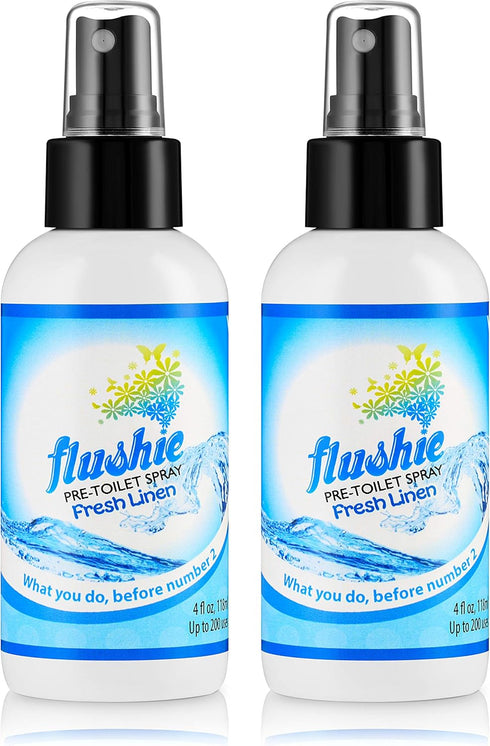 Flushie Pre-Toilet Spray for Poop - Travel Size Toiletries Bathroom Deodorizer, 4oz (Linen, 2 Pack)