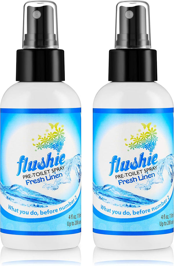 Flushie Pre-Toilet Spray for Poop - Travel Size Toiletries Bathroom Deodorizer, 4oz (Linen, 2 Pack)