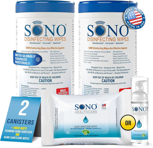 SONO Disinfecting Wipes, Alcohol-Free, Unscented, No Bleach, Medical-Grade Multi-Surface Cleaning for Home, School,