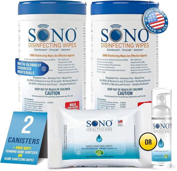 SONO Disinfecting Wipes, Alcohol-Free, Unscented, No Bleach, Medical-Grade Multi-Surface Cleaning for Home, School,