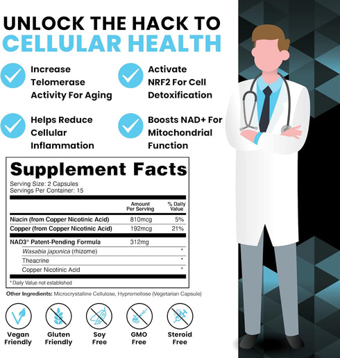 HPN NAD+ Booster – Nicotinamide Riboside Alternative (NAD3) for Men & Women | Anti Aging NRF2 Activator, 312 mg per Serving – Natural Energy Supplement for Longevity & Cellular Health, 30 Veggie Pills