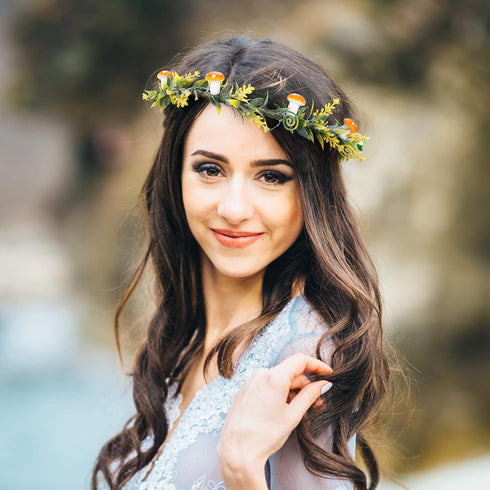 MOSTORY Yellow Mushroom Woodland Headpiece Fairy Leaf Crown Headband Mossy Forest Circlet Tiara for Women Girls Toddlers Bridal Wedding Birthday Cosplay Costumes Hair Accessory
