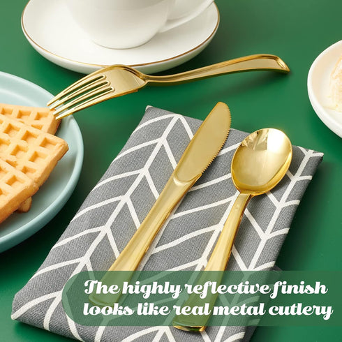 FOCUSLINE 75 Pack Gold Plastic Silverware Set - 25 Forks, 25 Knives, 25 Spoons - Heavy Duty Disposable Cutlery