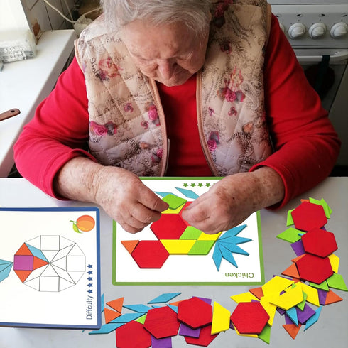 PHIELEY 80 Dementia Activities for Patients, Pieces Wooden Tangrams Cognitive Game for Seniors, Colorful Shape Pattern