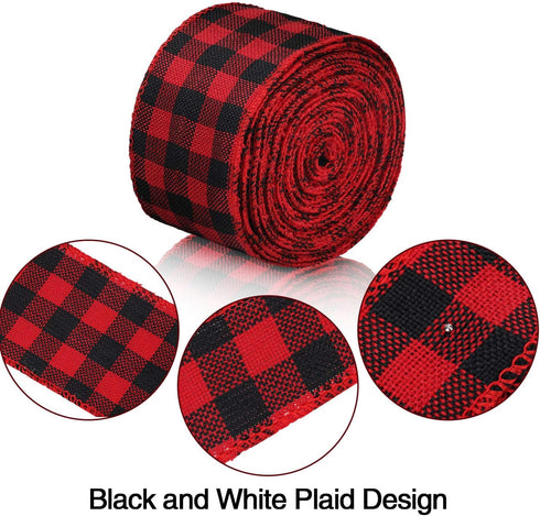 3 Rolls Buffalo Plaid Burlap Wired Ribbon Weave Ribbon with Wired Edge Bows Craft Decoration for Big Bow Wreath Tree Decoration Outdoor (Black and Red Plaid,2.4 Inches) by Boao