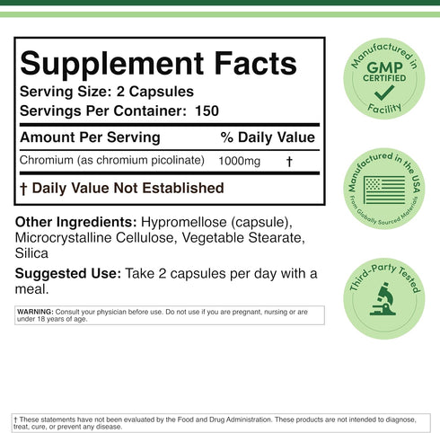 Chromium Picolinate 1000mcg for Healthy Weight Management, 300 Vegan Safe Capsules, Non-GMO, Gluten Free