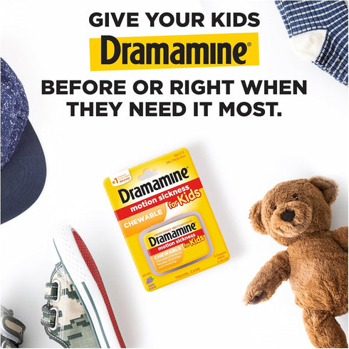 Dramamine Motion Sickness Relief for Kids, Chewable Grape, 8 Count