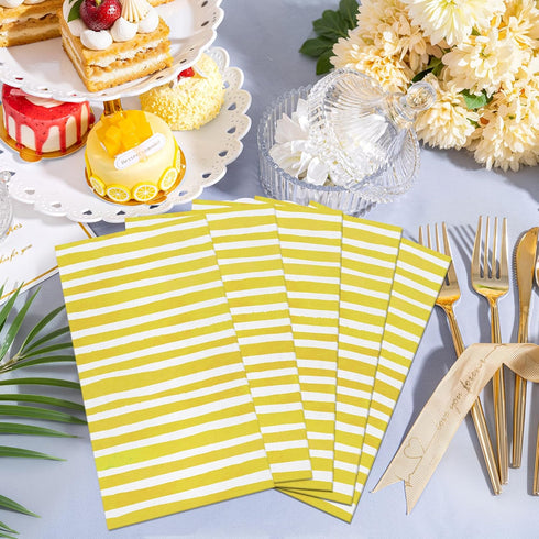 KTHONIOMANTE 200PCS 2 Pack, 4.5x8 Inch Yellow & White Stripe Guest Napkins, Ply Disposable Paper Striped Dinner Hand