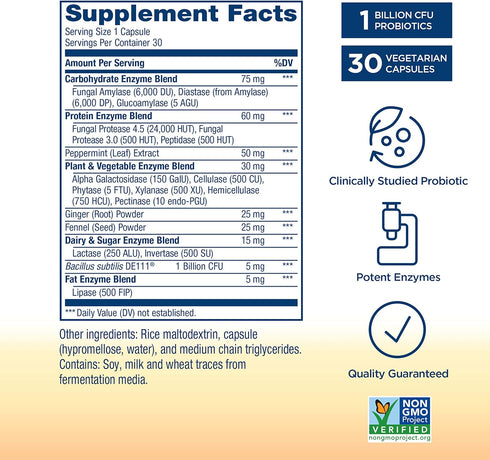 Renew Life Digestive Duo Probiotic + Enzymes; Probiotic Promotes Digestive Health; Fast-Acting, Potent Digestive Enzymes to Aid in Digestion; Non-GMO Project Verified; 30 Vegetarian Capsules*