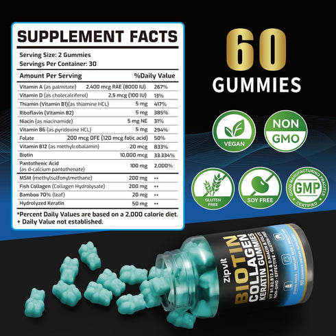 zipvit Gummies B1, B2, B3, B6, B7, 60 Gummy Biotin Collagen Hair Skin and Nails Vitamins for Women & Men Hair Growth