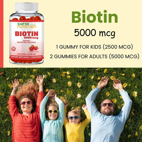 Vegan Biotin Gummies for Adults & Kids, 90 Gummies, 5000 mcg, Halal, for Hair, Skin & Nails