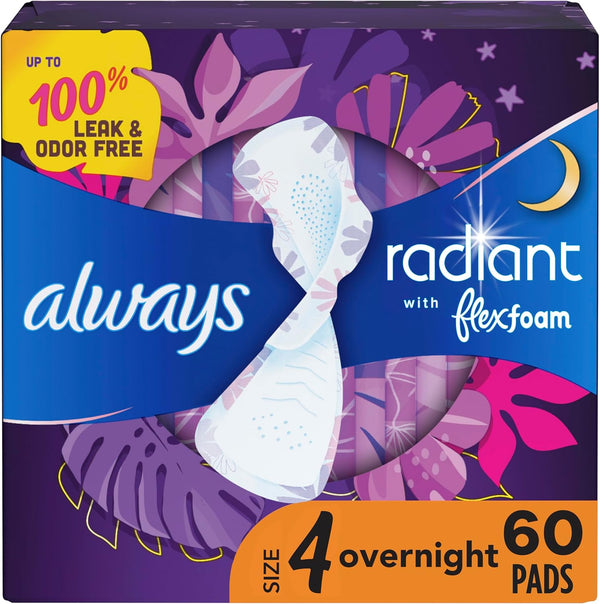 Always Radiant Feminine Pads for Women, Overnight Absorbency, Flexfoam Pads with Wings, Size 4, 60 Count (3 Packs of 20)