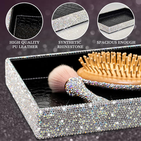 TISHAA Bling Decorative Tray Holder | Makeup Cosmetic Jewelry Ring Key Display Dish | Crystal Rhinestone Glitter