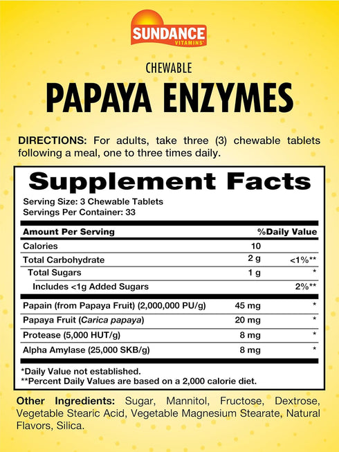 Sundance Papaya Enzymes | 100 Chewable Tablets | Natural Tropical Flavor | Vegetarian, Non-GMO, and Gluten Free Supplement