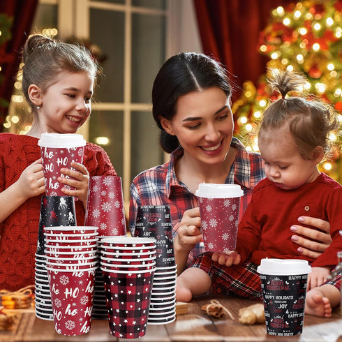 Hauwellter 100 Set 12oz, Christmas Disposable Coffee Cups with Lids Bulk Red and Black Xmas Holiday Hot Chocolate Party