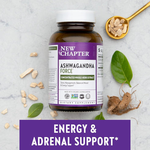 New Chapter Organic Ashwagandha Supplement - 60 Count Vegan Capsules for Stress Relief, Mood Support & Energy - One