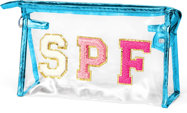 Preppy Patch Cosmetic Bag - Summer Blue SPF Chenille Varsity Letter Clear Toiletry Bag, Waterproof Portable Makeup Bag