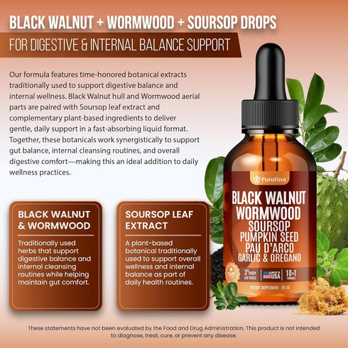 Purafina 98% (2oz) Wormwood Black Walnut Clove Cleanse Liquid Drops with SourSop, Pumpkin Seed, Pau DArco, Garlic & Oil