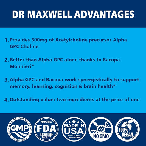 Acetylcholine Alpha GPC Choline 600mg + Bacopa - Reliable Memory & Learning Supplement, 60 Capsules