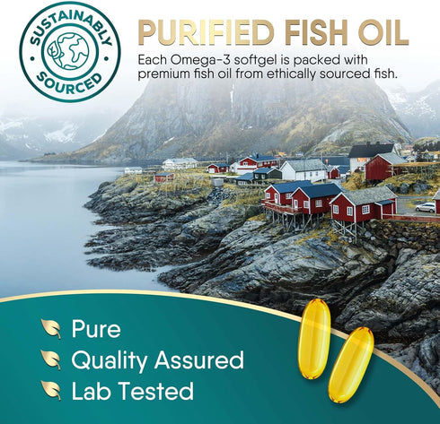 Triple Strength Omega 3 Fish Oil, 2400 mg Supplement - 60 Softgels for Brain & Heart Health Support