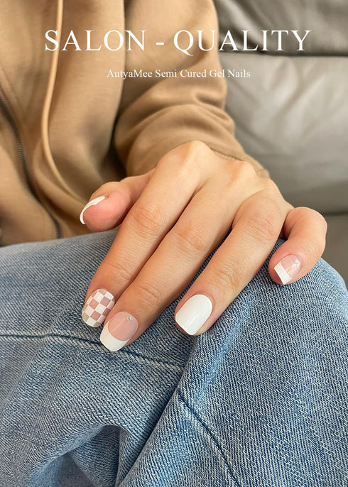 Semi Cured Gel Nail Strips (White Checkered)-20 PCS Gel Nail Stickers | UV Light Required | Gel Nail Wraps, Salon Quality & Easy to Use