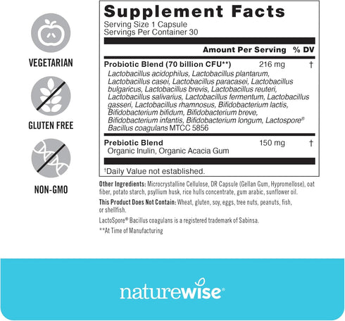 NatureWise Probiotics | 30 Capsules | 70 Billion CFU - 17 Strains + Organic Prebiotics - Immune, Digestive & Gut Health
