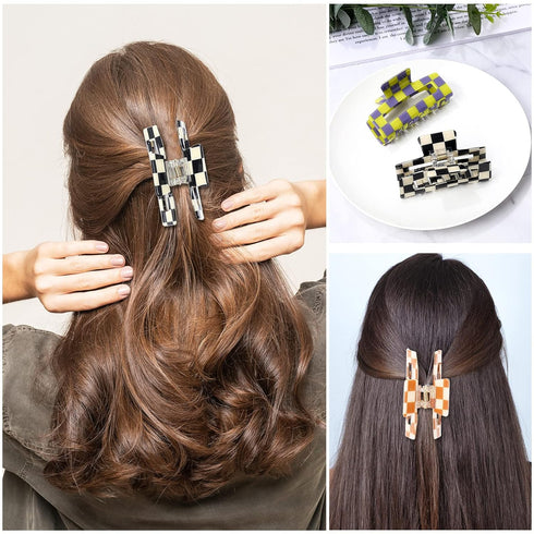 Whaline 6 Pack Checkered Hair Claw Clips - Strong Hold Rectangle Multicolored Plaid Non-Slip Hair Clips