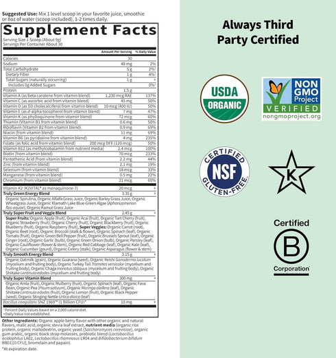 Garden of Life Sport Nutrition Greens - Apple Berry Organic Powder Blend with Fruits, Vitamins, Pre & Probiotics