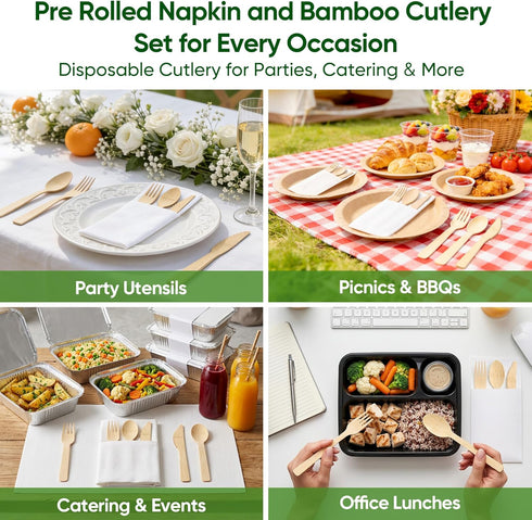 Set, Events-50 Pack Napkin and Bamboo Cutlery Compostable Utensils Disposable Cutlery for Party, Wedding, BBQ, Camping
