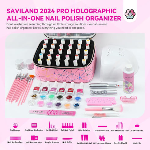 SAVILAND Nail Polish Organizer Bag: PU Leather Storage for 30 Bottles & Nail Lamp, Travel Case for Nail Tech Supplies