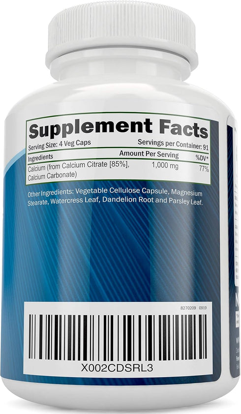 Calcium Citrate 1000mg, 365 Vegan Capsules - Without Vitamin D, Added Parsley, Dandelion, Watercress