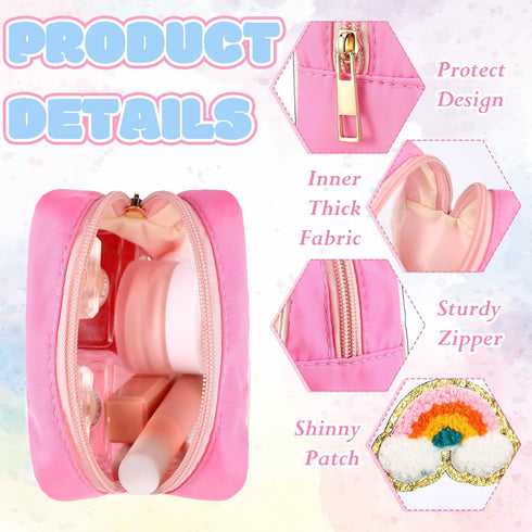4 Pcs Preppy Patch Makeup Bag - Cute Chenille Letter Pouch, Cosmetic Cases, Toiletry Bag with Zipper for Travel