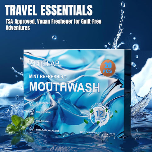 Packets 12 (Pack 20) Portable Travel Size Mouthwash - Mini Mint Mouthwash for Adults, Alcohol & Fluoride-Free, Freshens