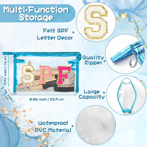 Preppy Patch Cosmetic Bag - Summer Blue SPF Chenille Varsity Letter Clear Toiletry Bag Aesthetic Waterproof Portable Makeup Bag Transparent PVC Zipper Clutch Purse Beach Bag for Women Girls