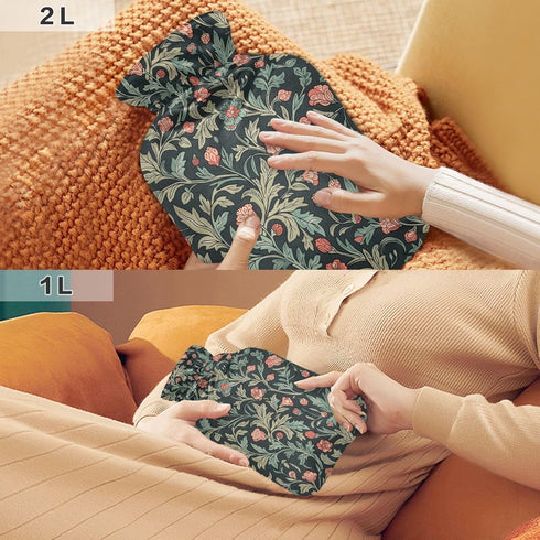 YNNALE 2Liter Retro Sage Green Red Floral Hot Water Bottle with Cover, Soft Velvet Winter Warm Water Bag for Neck