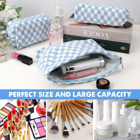 3 Pcs Makeup Bag Cosmetic Bag Set for Girls Women Checkered Travel Organizer Bathroom Toiletry Pouch Large Capacity Storage Bag (Blue-White)