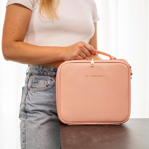 Makeup Bag Travel Organizer, Small Traincase with Adjustable Dividers for Beauty Artists, Not Made in China (Pink)