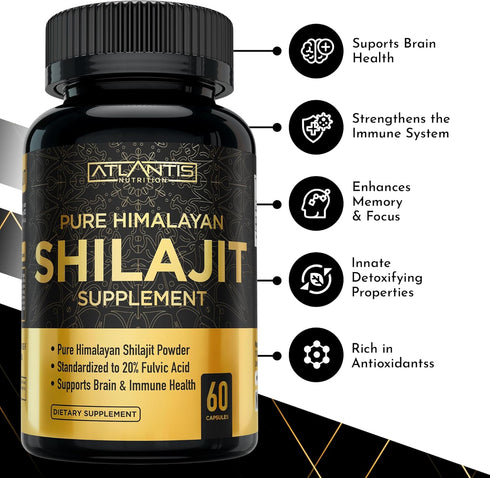 Shilajit Supplement - Pure Himalayan Authentic Shilaijt Resin Capsules Formulated with 20% Fulvic Acid - 10:1 Extract 10,000mg Extra Strength - Made in The USA - Shilajit for Men & Women 60 Capsules